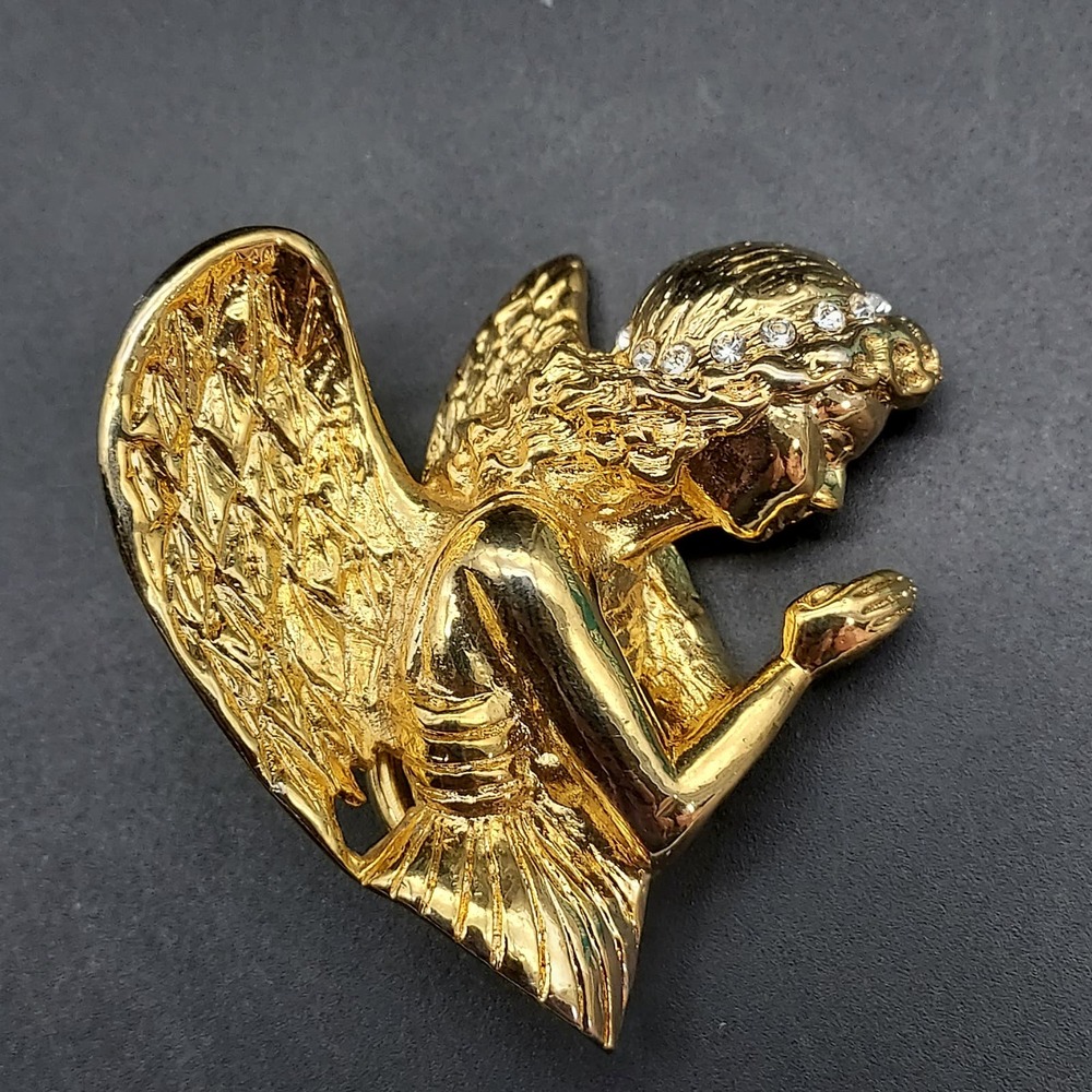 Gold Tone Swarovski Crystal Halo Praying Angel Brooch Signed Esther Fuhrman NOS